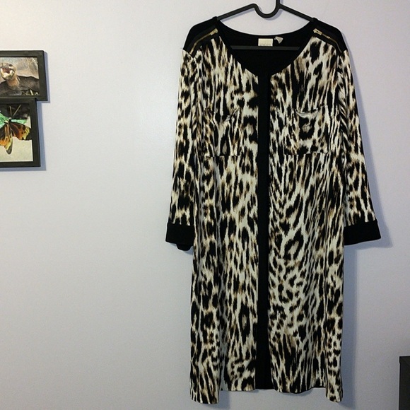 Chico’s Speckled Animal-Blocked Shirtdress Leopard Print Dress size 2 (L/12) - Picture 2 of 16